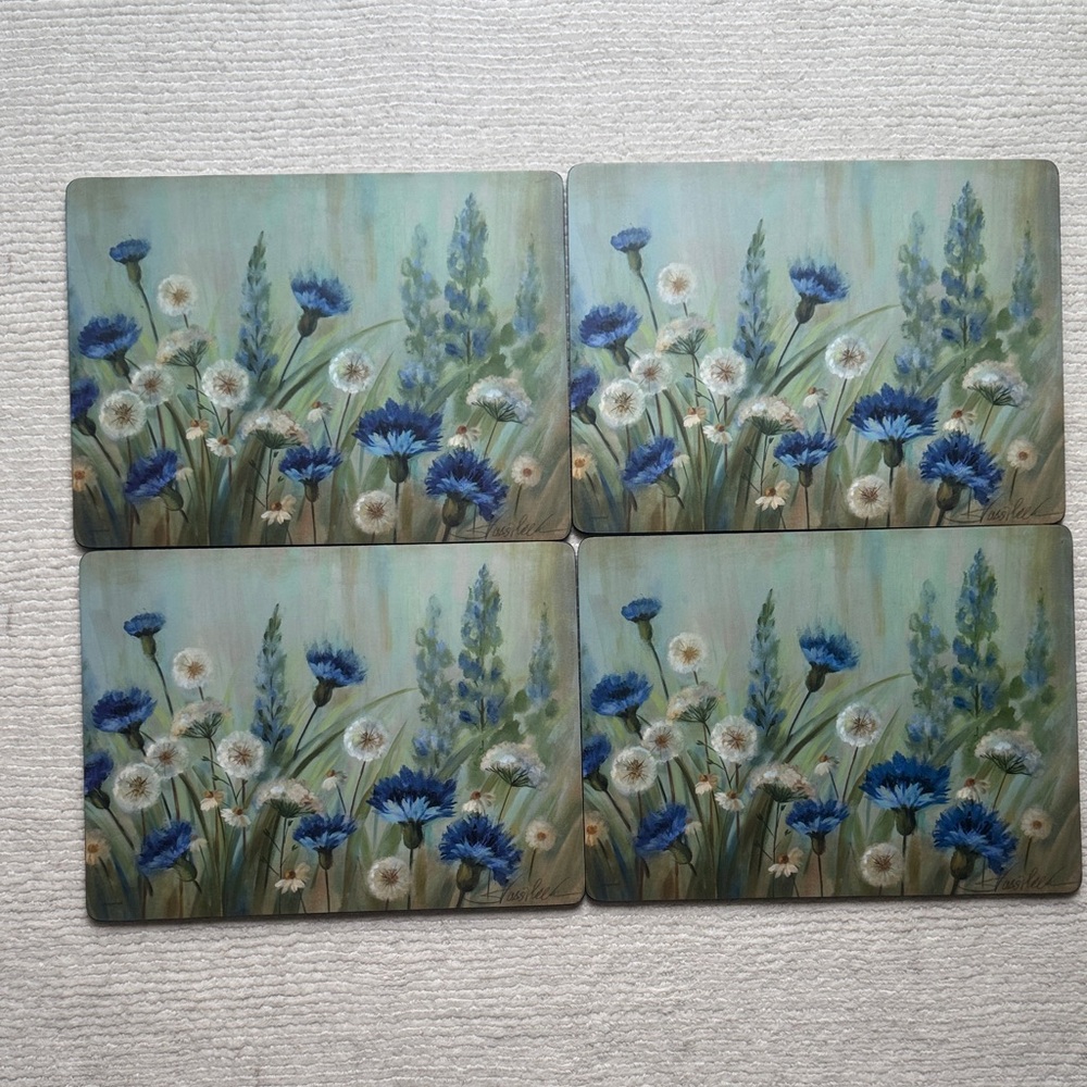 Set of 4 Pimpernel Blue Wildflower Meadow Placemats – Floral Table Decor